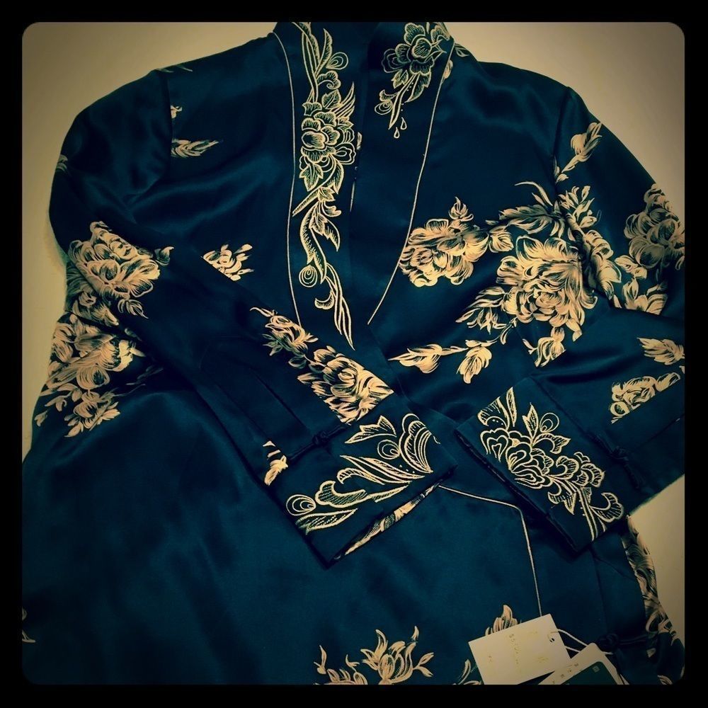 Silk Coat One of a Kind Original Qinyi Shanghai Fashion Show Navy Gold Womens XL - Picture 4 of 8